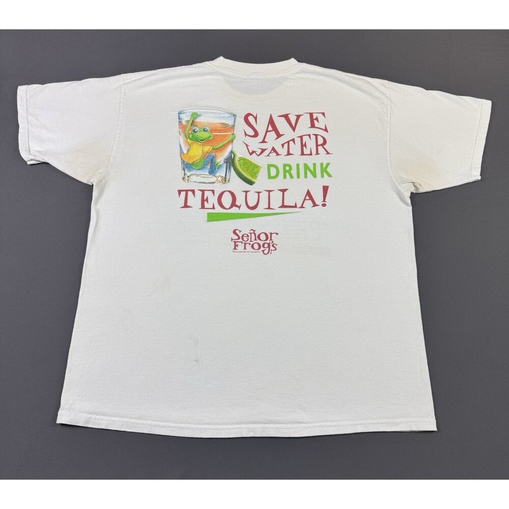 Rare Vintage Y2K Senor Frogs Nassau Bahamas Save Water Drink Tequila White Promo